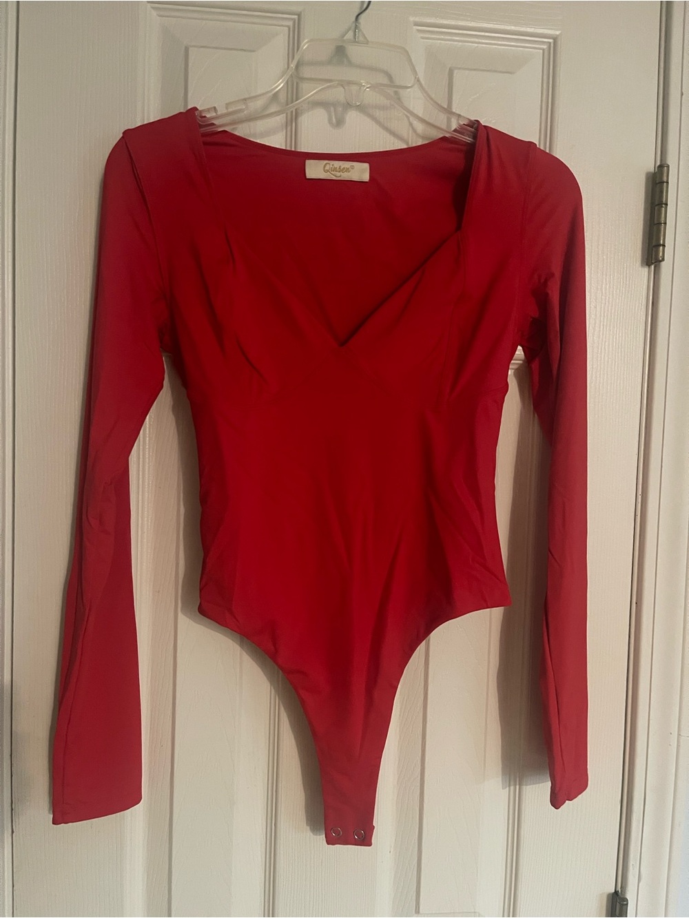 Women's Red Long-Sleeve V-Neck Bodysuit